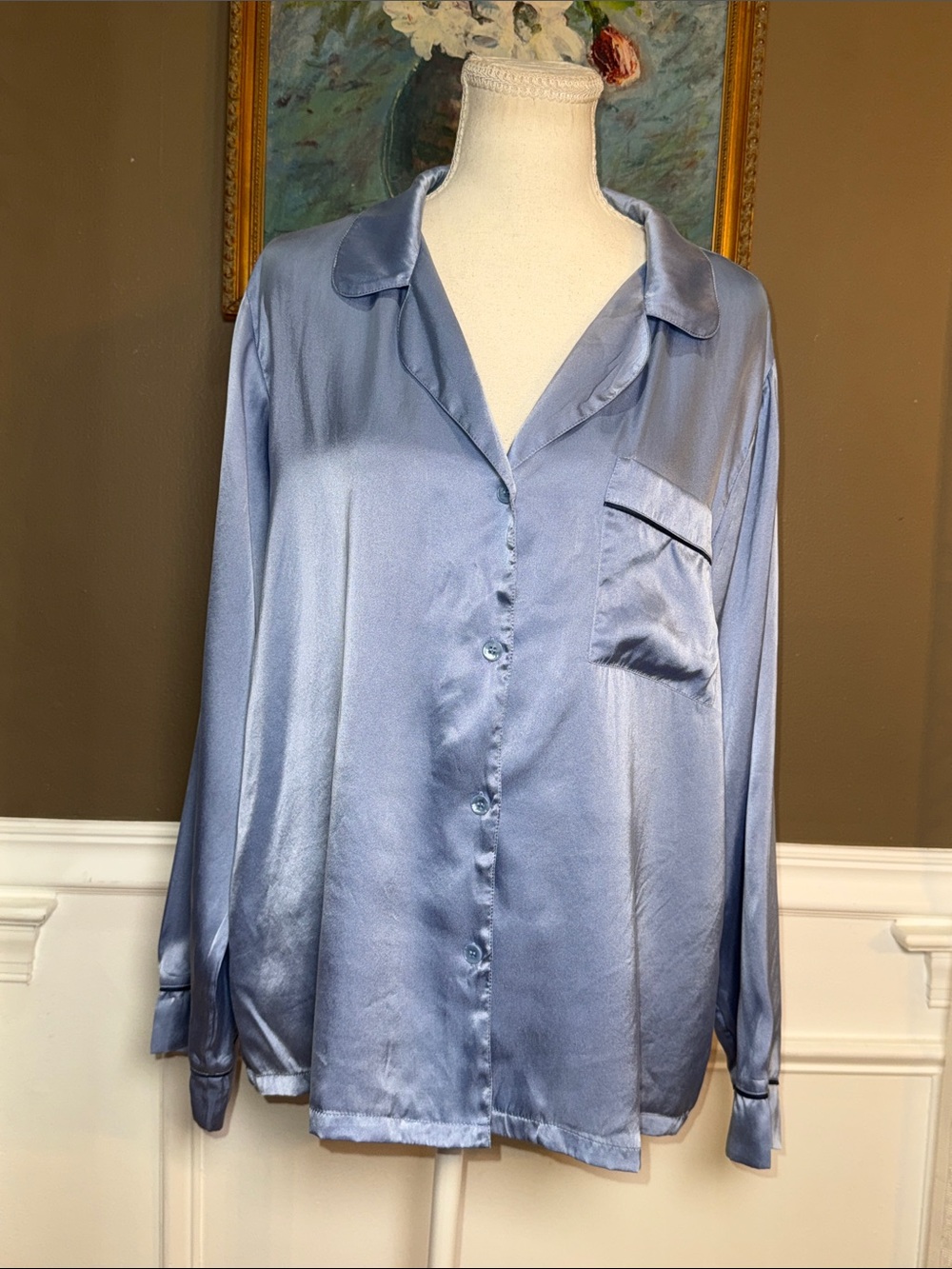 Eberjey 100% Silk Blue Button Front Pajama Top M
